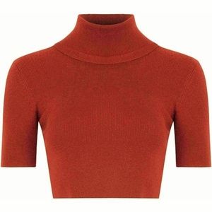 Glamorous Red Orange Knit Short Sleeve Turtleneck Crop Top, Women's S